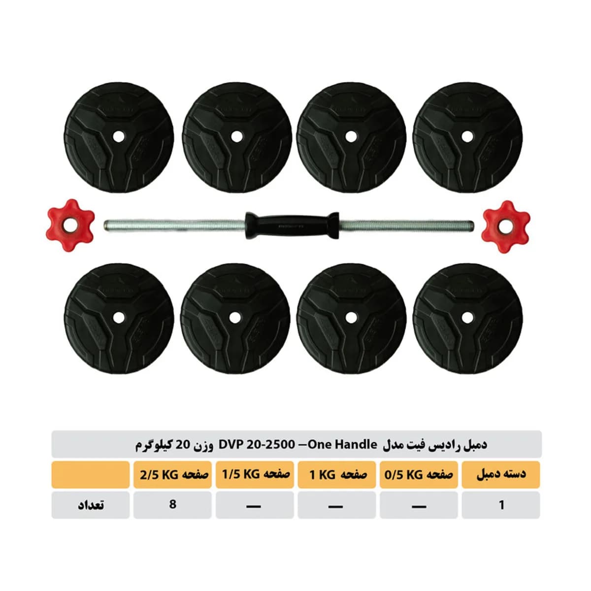 دمبل رادیس فیت مدل Dvp 20-2500-one handle وزن 20 کیلوگرم بسته یک عددی — قطعهها و جدول صفحهها