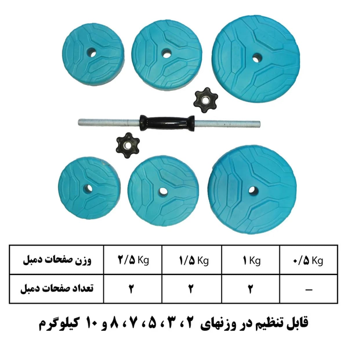 دمبل گرد رادیس فیت مدل DVP-7Mix One Handle وزن 7 کیلوگرم بسته یک عددی — قطعهها و جدول وزنها