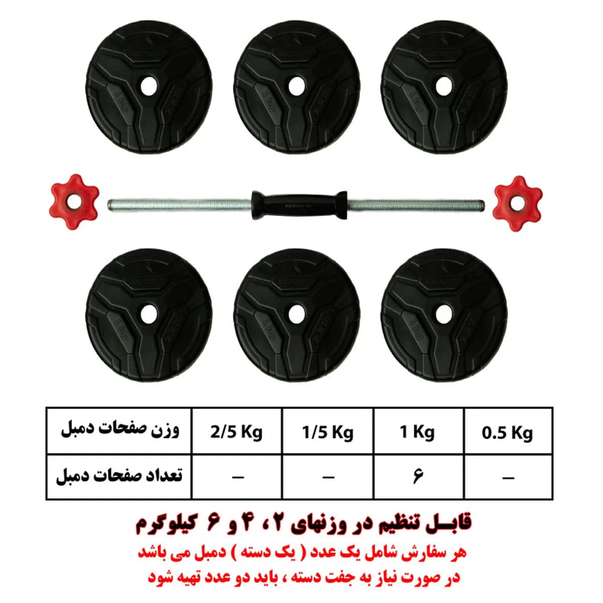 دمبل گرد قابل تنظیم وزن 6 کیلوگرم رادیس فیت مدل DVP 6-1000 one handle بسته یک عددی — قطعهها و جدول وزنها