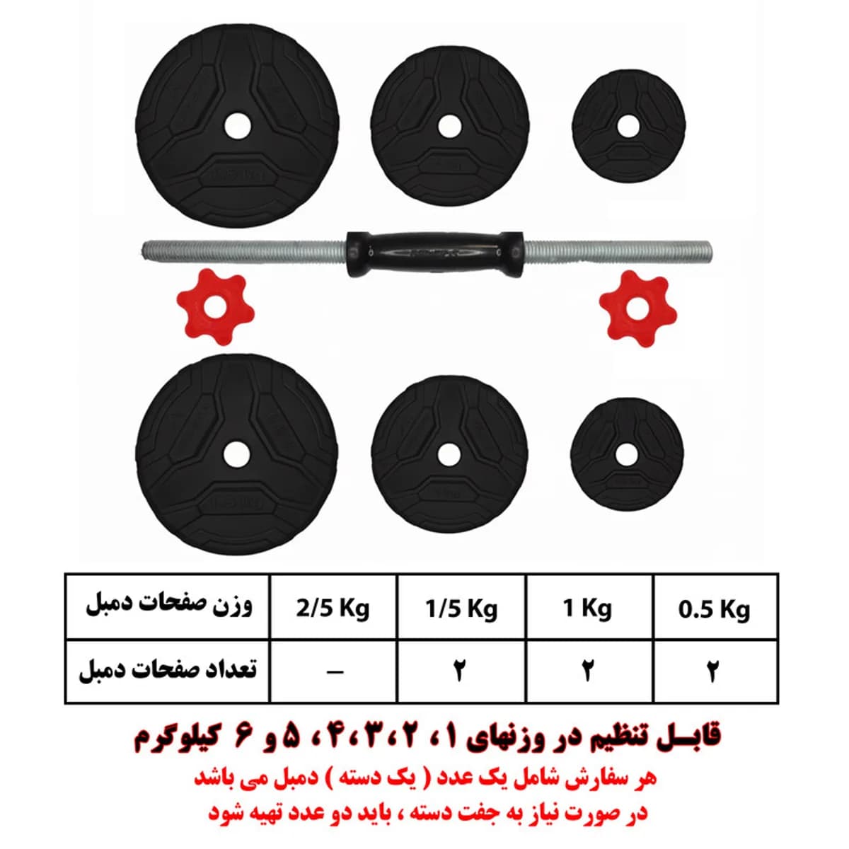 دمبل گرد قابل تنظیم وزن 6 کیلوگرم رادیس فیت مدل DVP-6Mix one handle بسته یک عددی — قطعهها و جدول وزنها