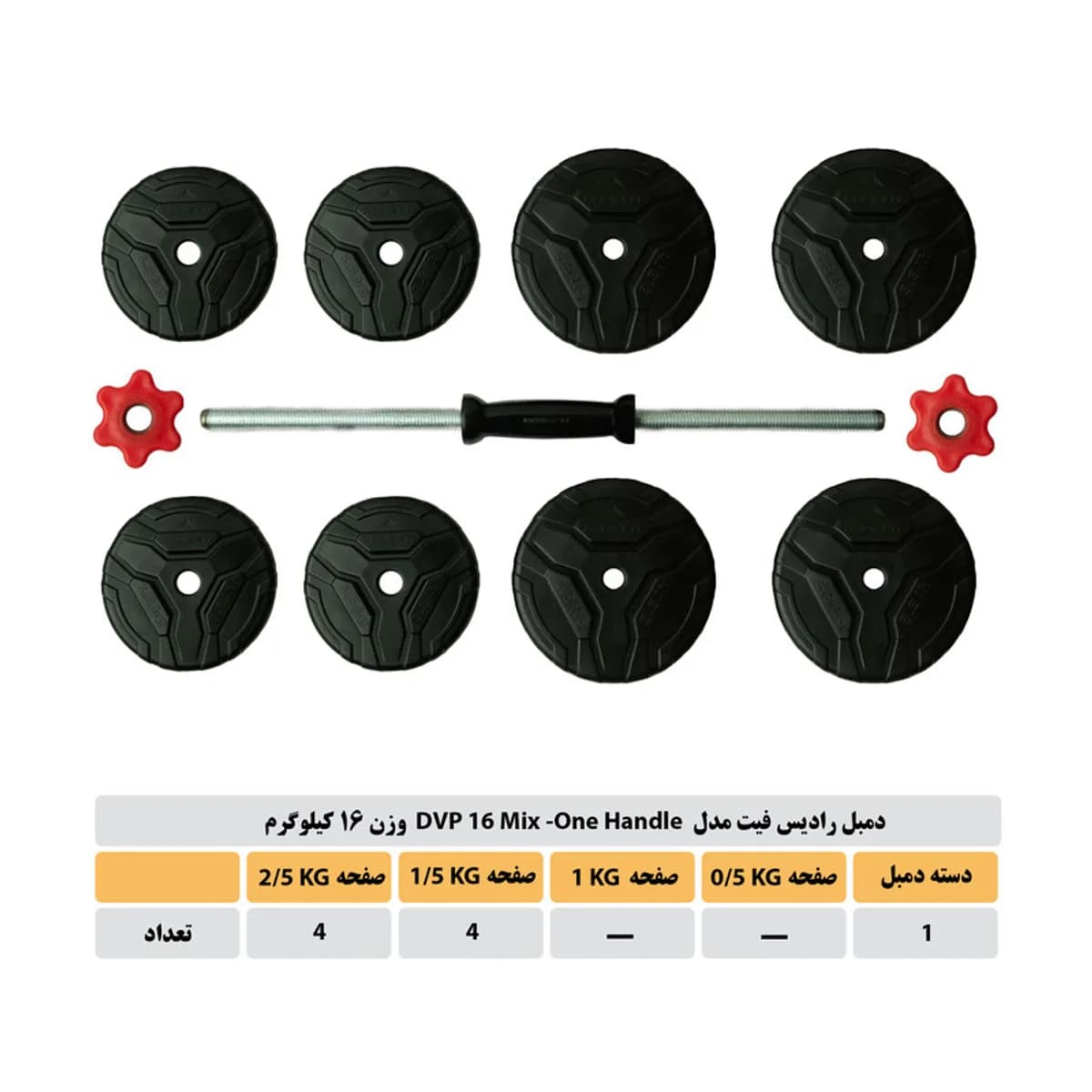 دمبل گرد قابل تنظیم 16 کیلوگرم رادیس فیت مدل DVP16-Mix1-one handle بسته یک عددی — قطعهها و جدول صفحهها